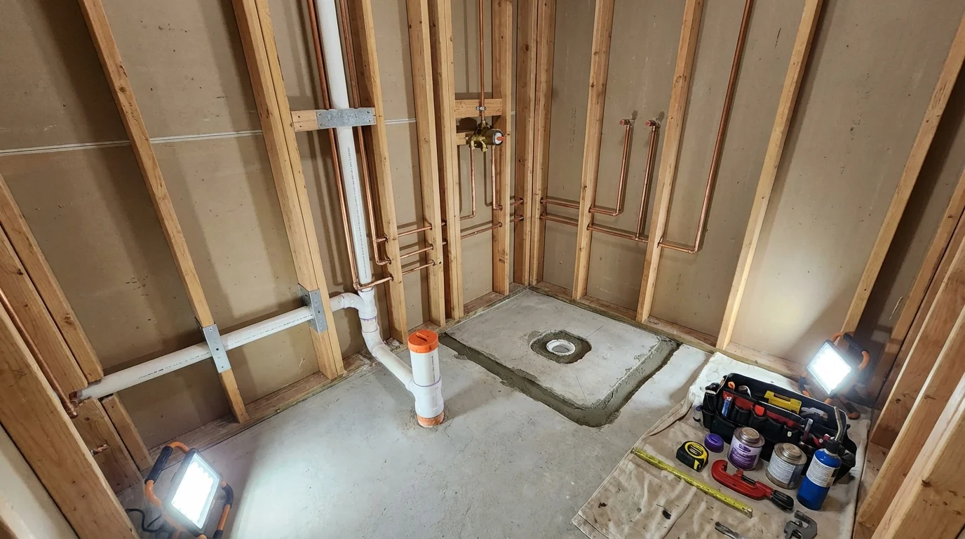 Bathroom rough-in plumbing during remodel by Johns Plumbing LLC in Portola Valley