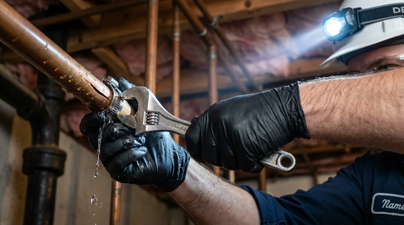 Emergency pipe clamp repair being performed by a Johns Plumbing LLC plumber in Portola Valley