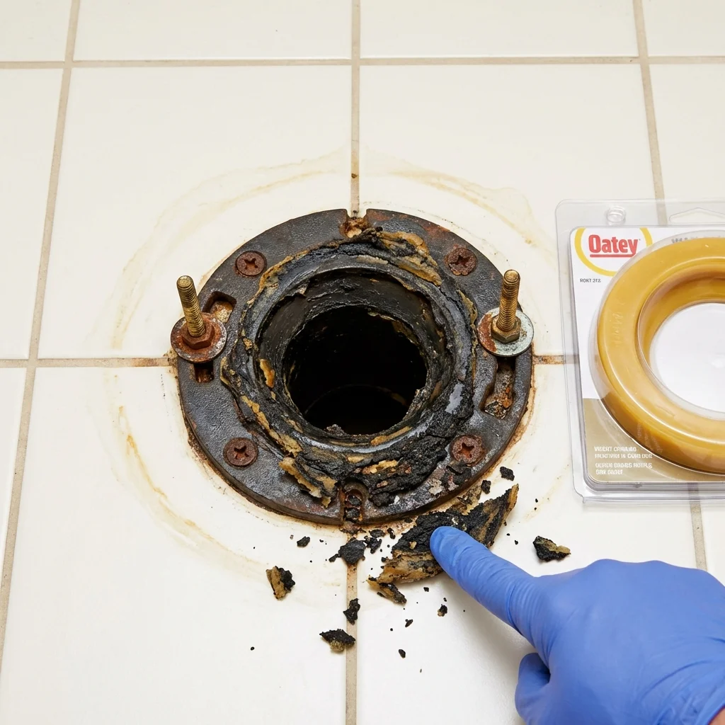 Failed wax ring showing water seepage at the base of a toilet in a Portola Valley, CA home