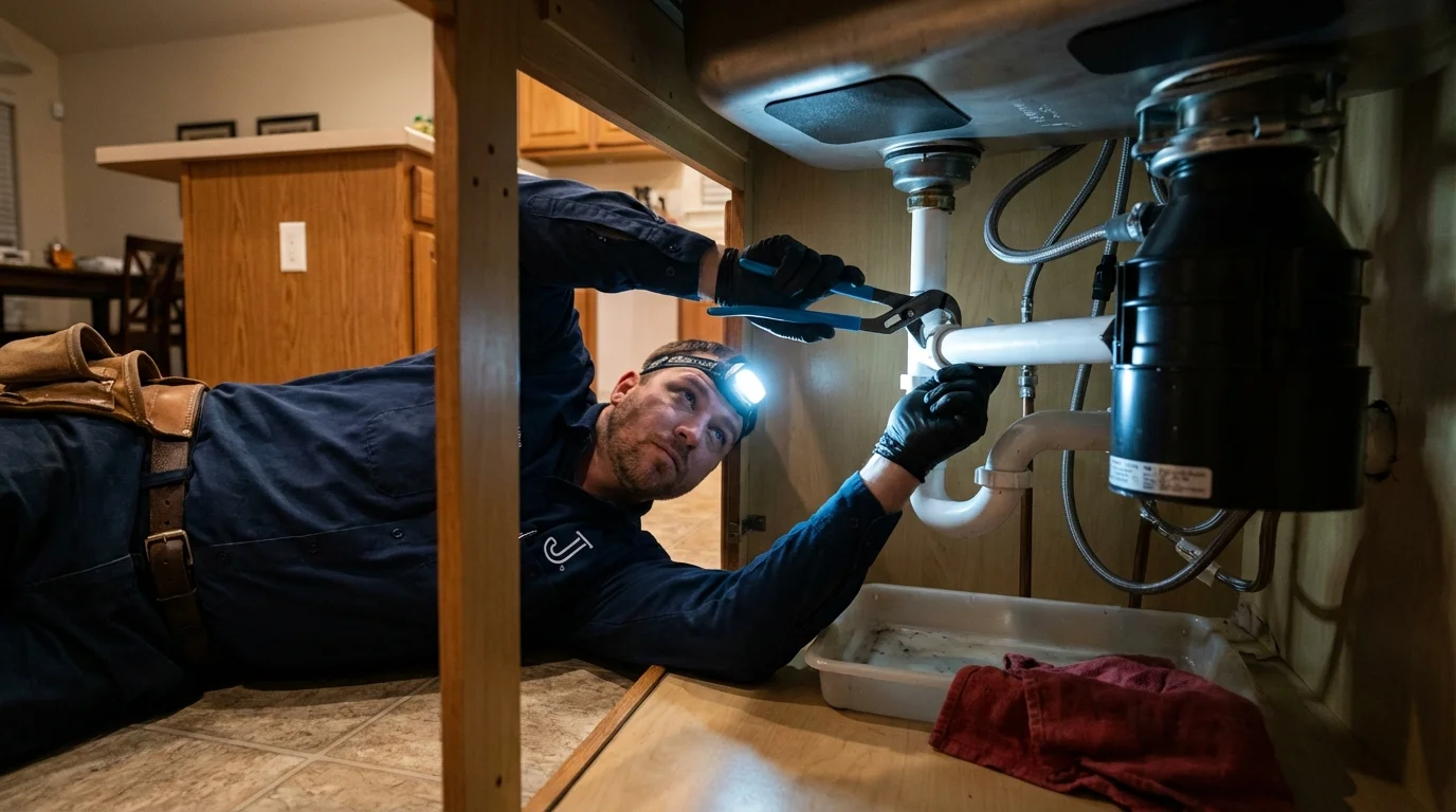P-trap and supply line connections under a kitchen sink showing a common leak point in Portola Valley, CA